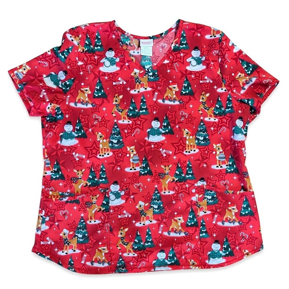 Rudolph the Red-Nose Reindeer Scrub Top, Rudolph, Sam the Snowman, Red, Size XL